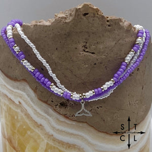 Purple White Silver Stretchy Anklet
