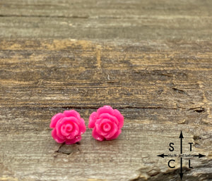 Hot Pink Rose Stud Earrings