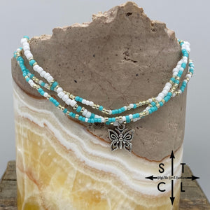 Turquoise White Silver Butterfly Stretchy Anklet