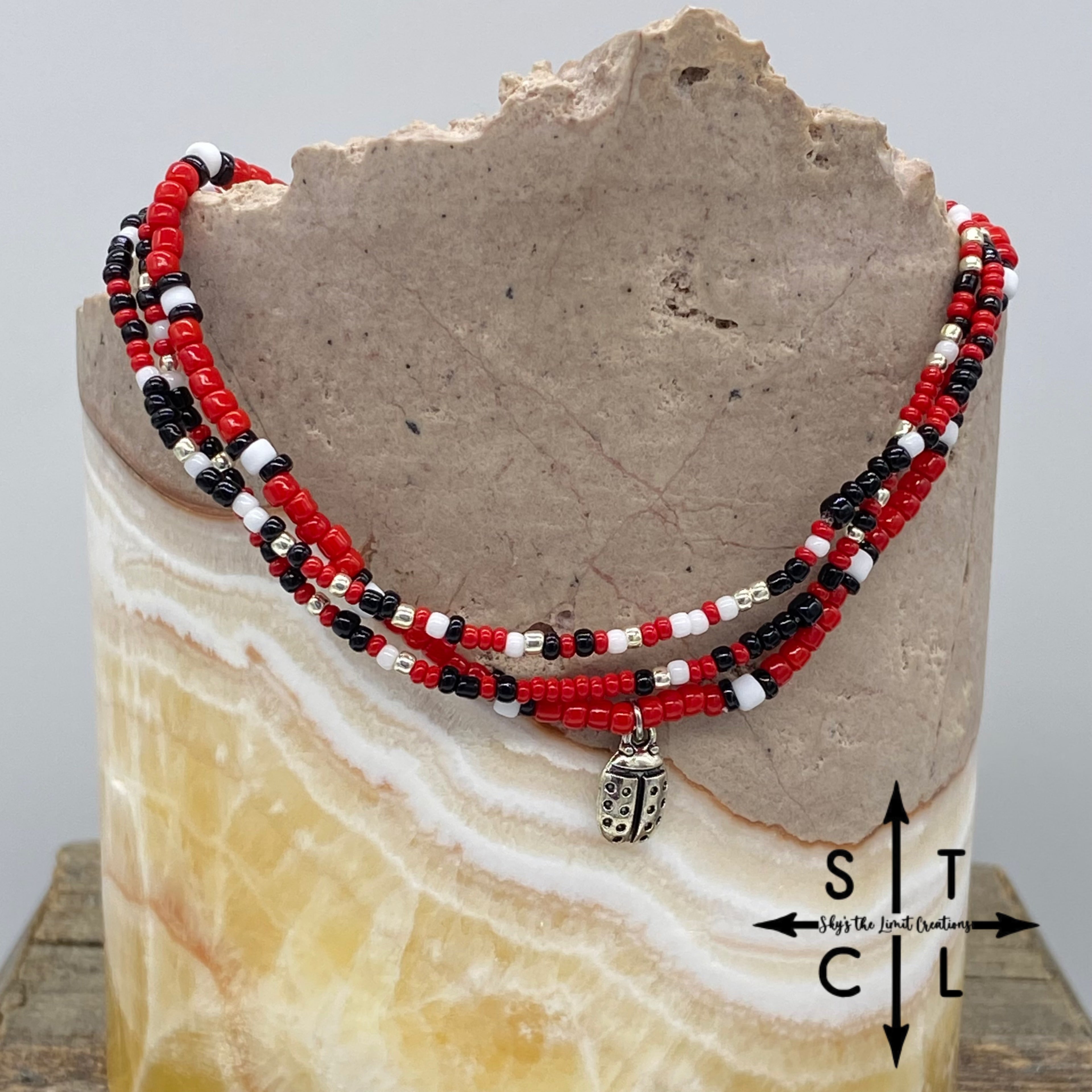 Red White Silver Ladybug Stretchy Anklet