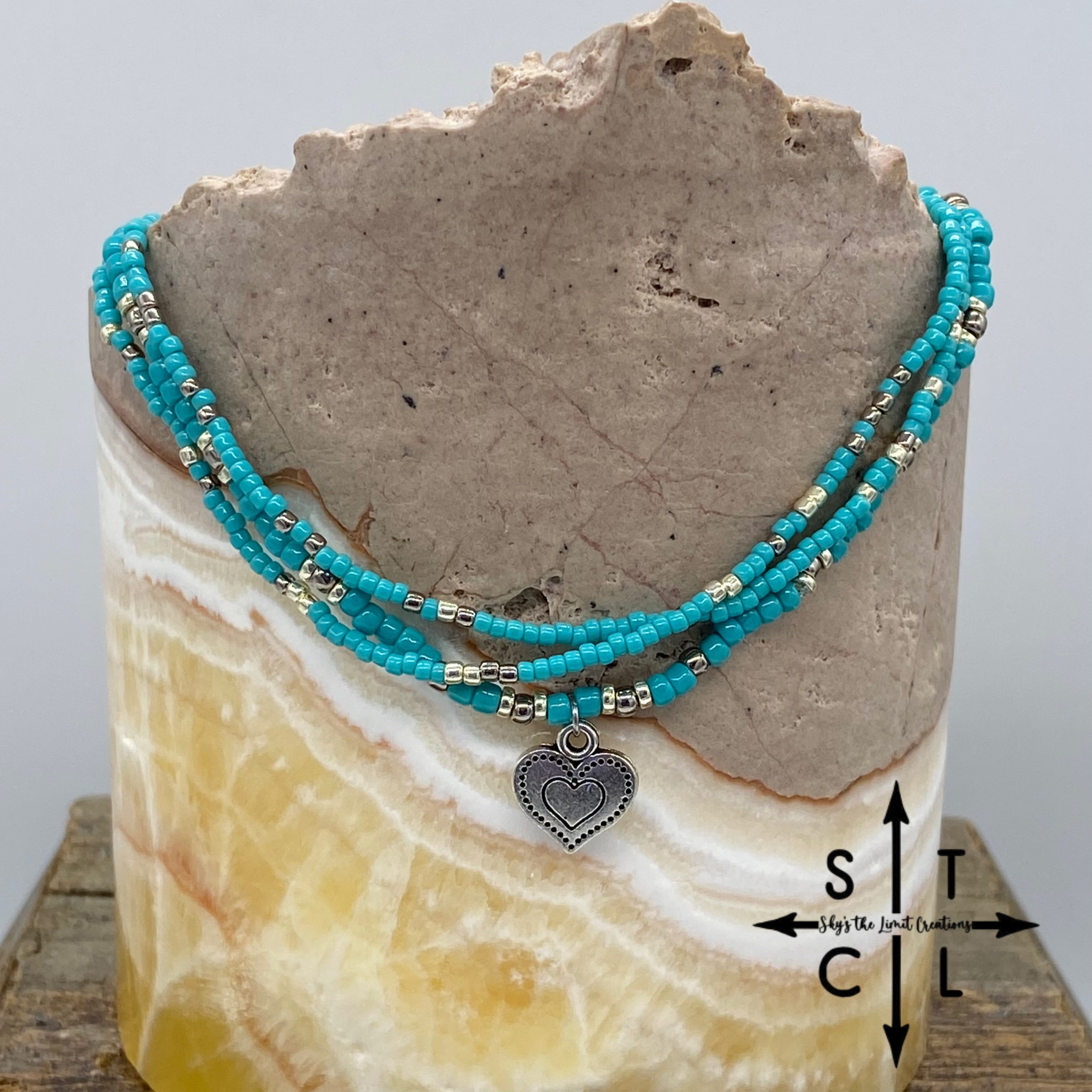 Turquoise Silver Gunmetal Silver Heart Stretchy Anklet