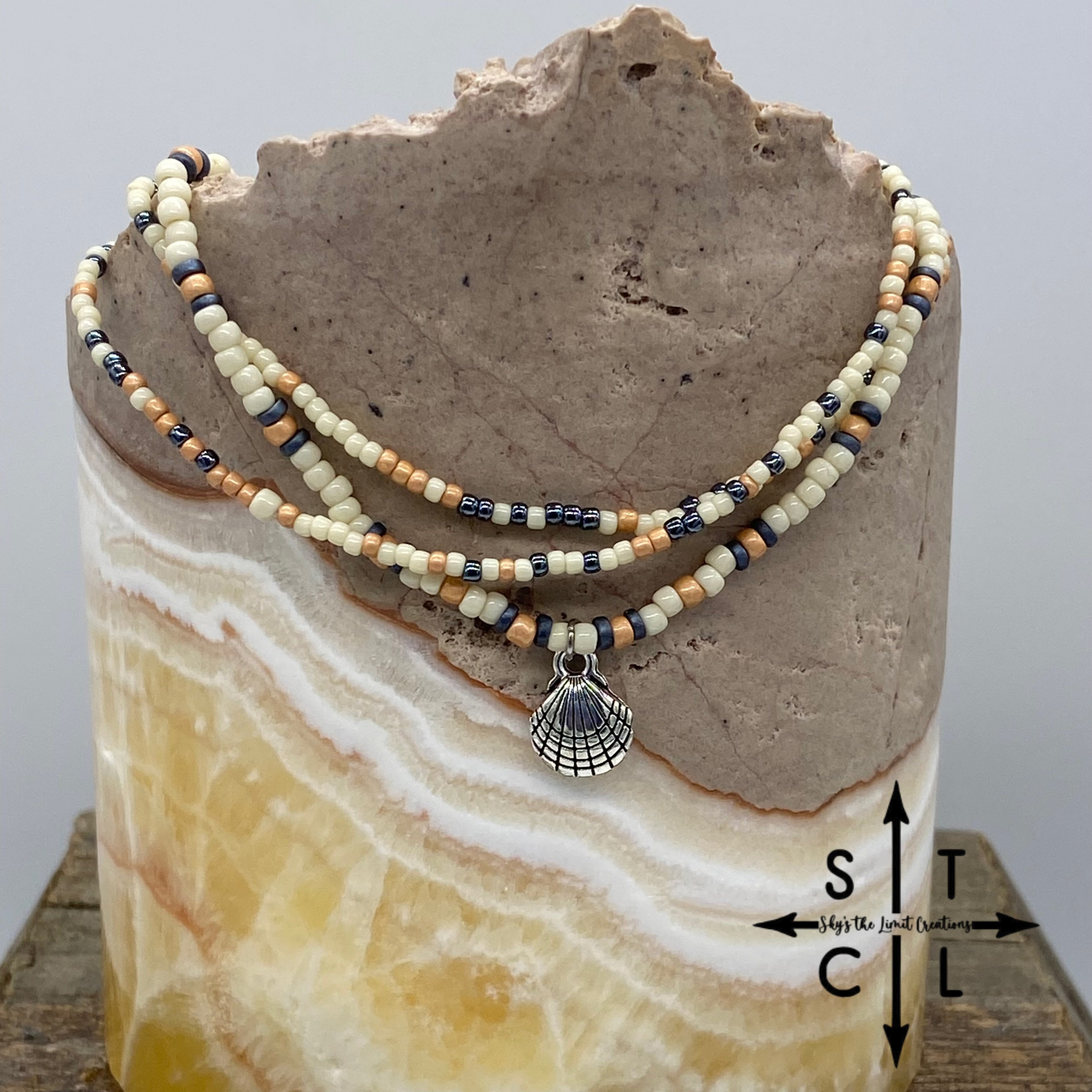 Dark Blue Bone Sand Shell Stretchy Anklet