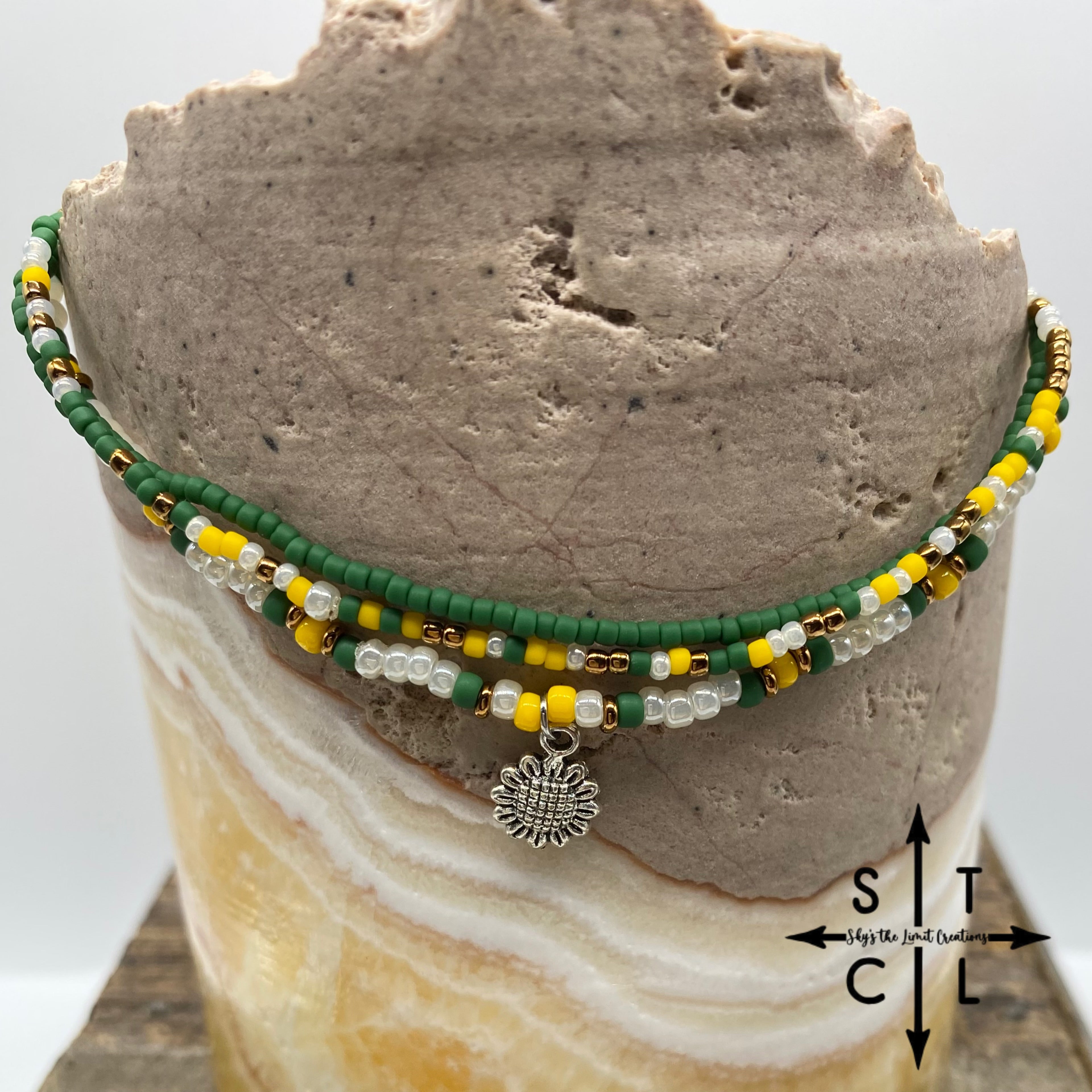 Green Yellow Pearl Bronze Sunflower Stretchy Anklet