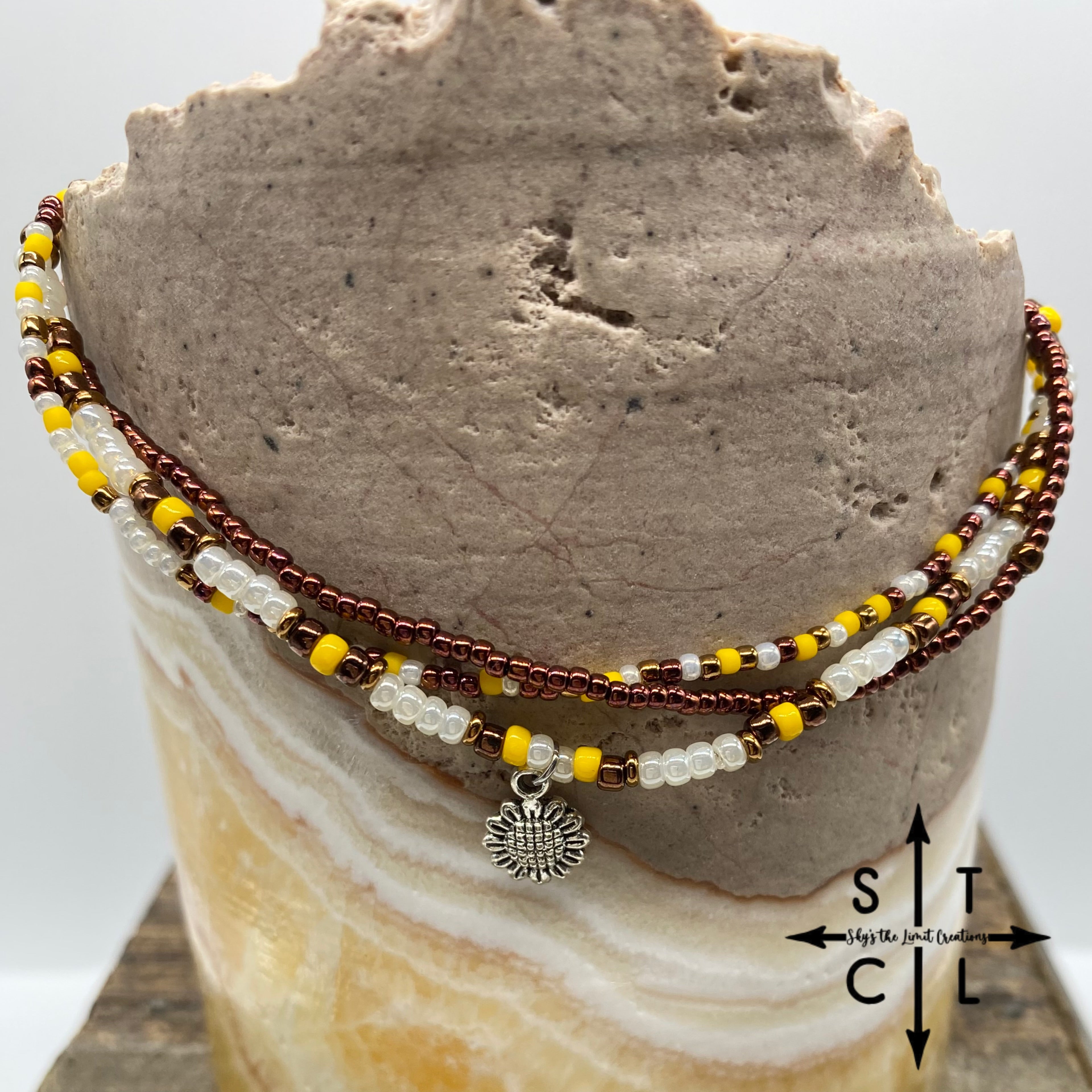 Pearl Yellow Metallic Brown Sunflower Stretchy Anklet