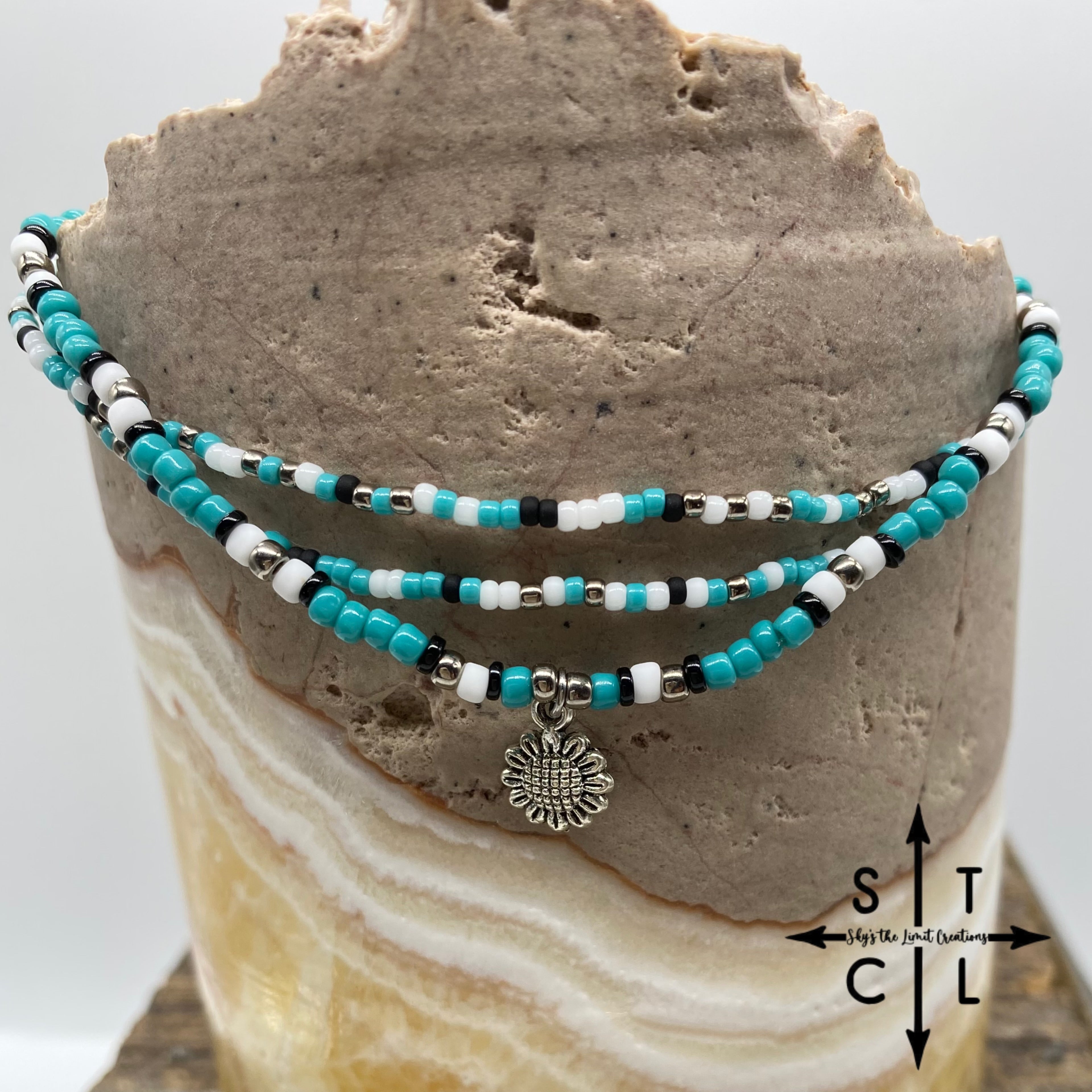 Turquoise White Black Sunflower Stretchy Anklet