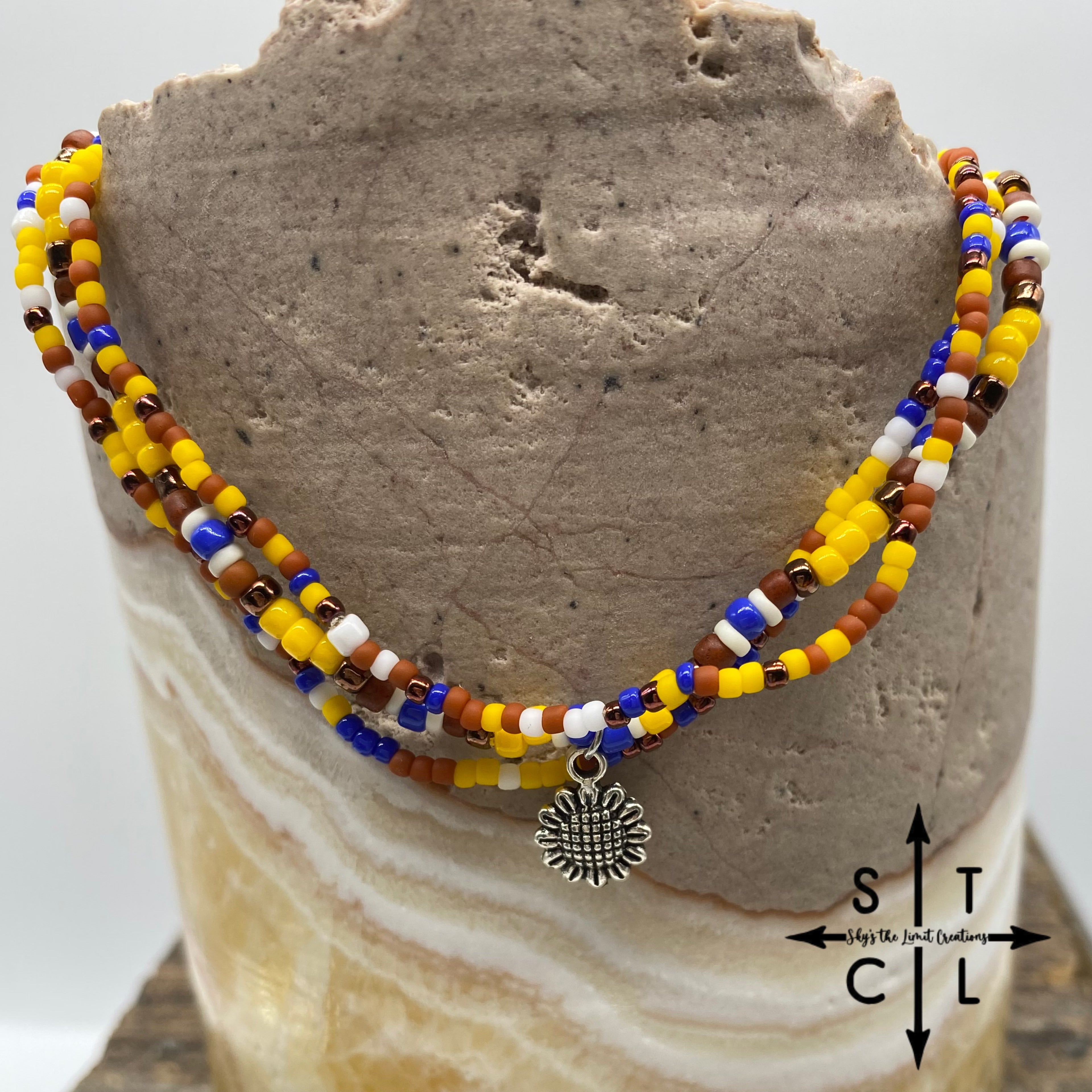 Yellow Blue Burnt Orange Sunflower Stretchy Anklet