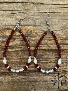 Crystal Teardrop Maroon White Matte SIlver Earrings