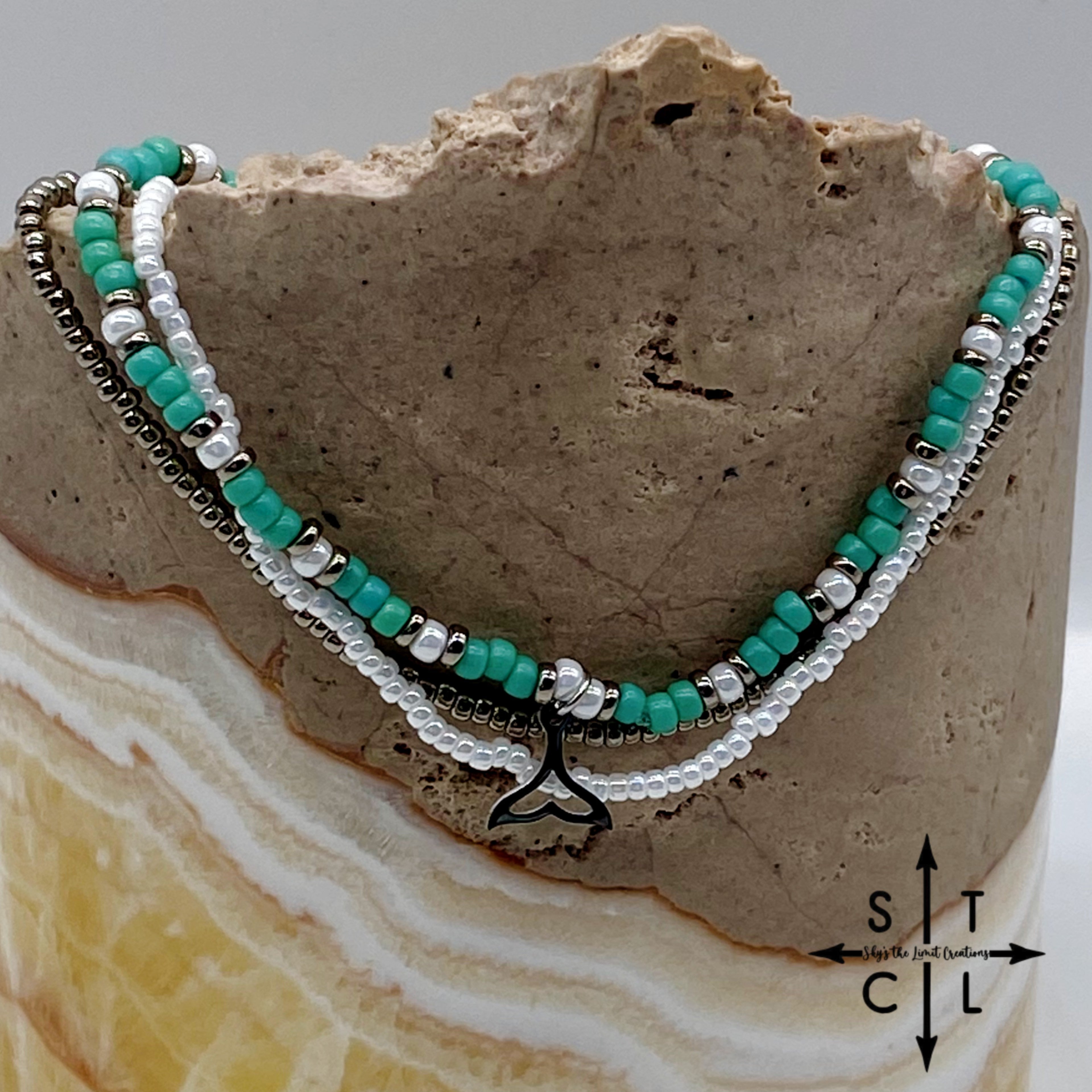 Turquoise White Gun Metal Silver Stretchy Anklet
