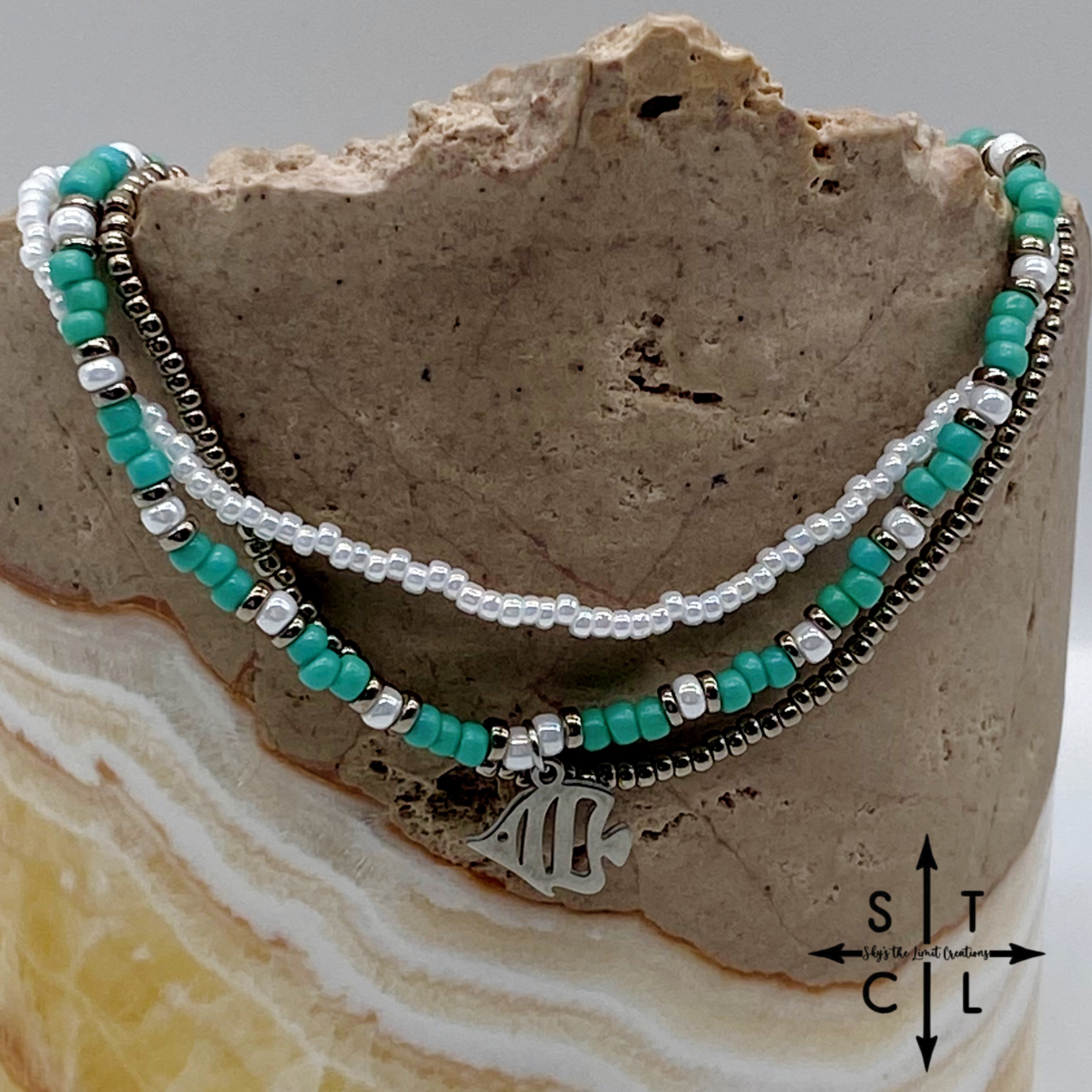 Turquoise White Gun Metal Silver Stretchy Anklet