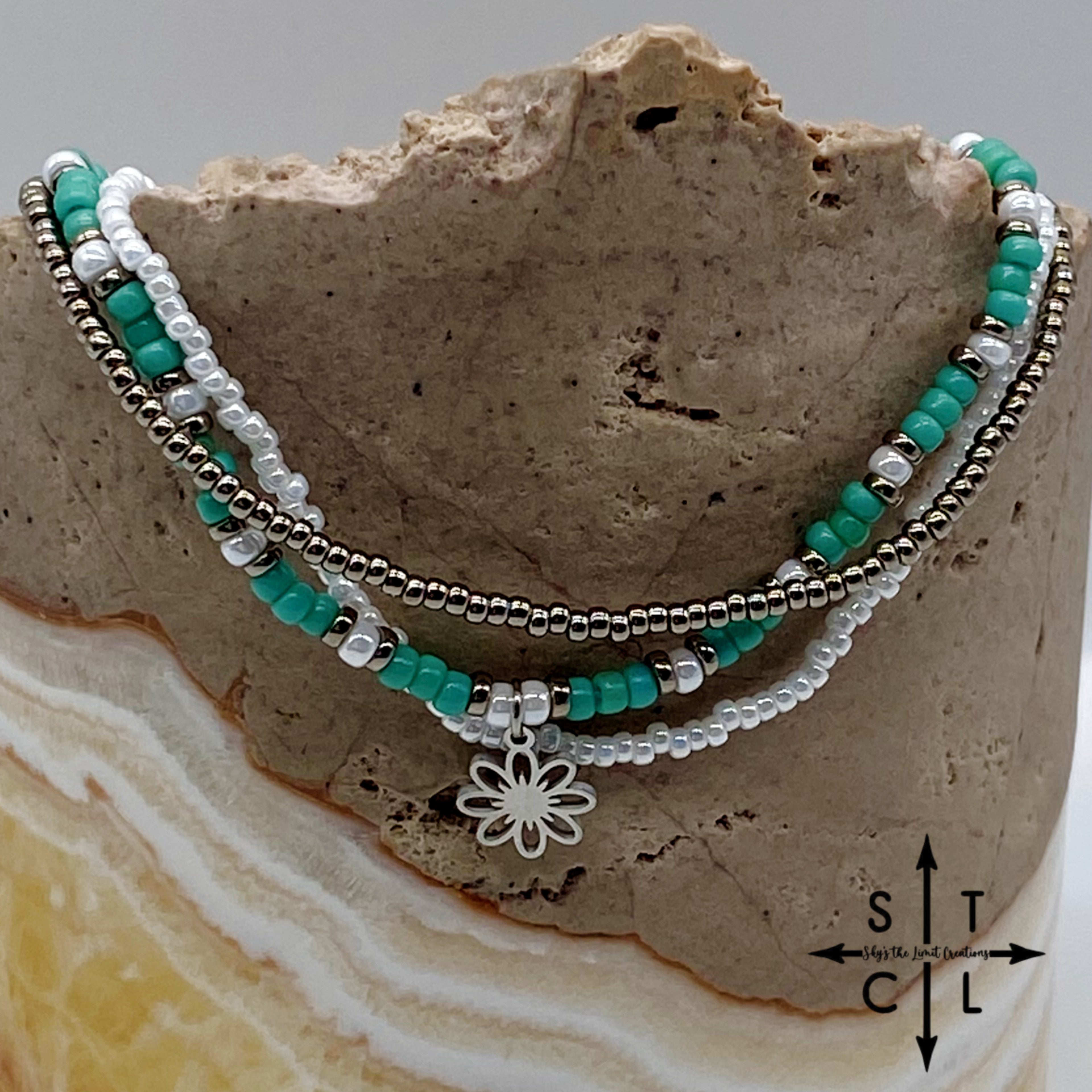 Turquoise White Gun Metal Silver Stretchy Anklet