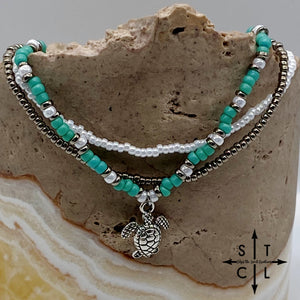 Turquoise White Gun Metal Silver Stretchy Anklet