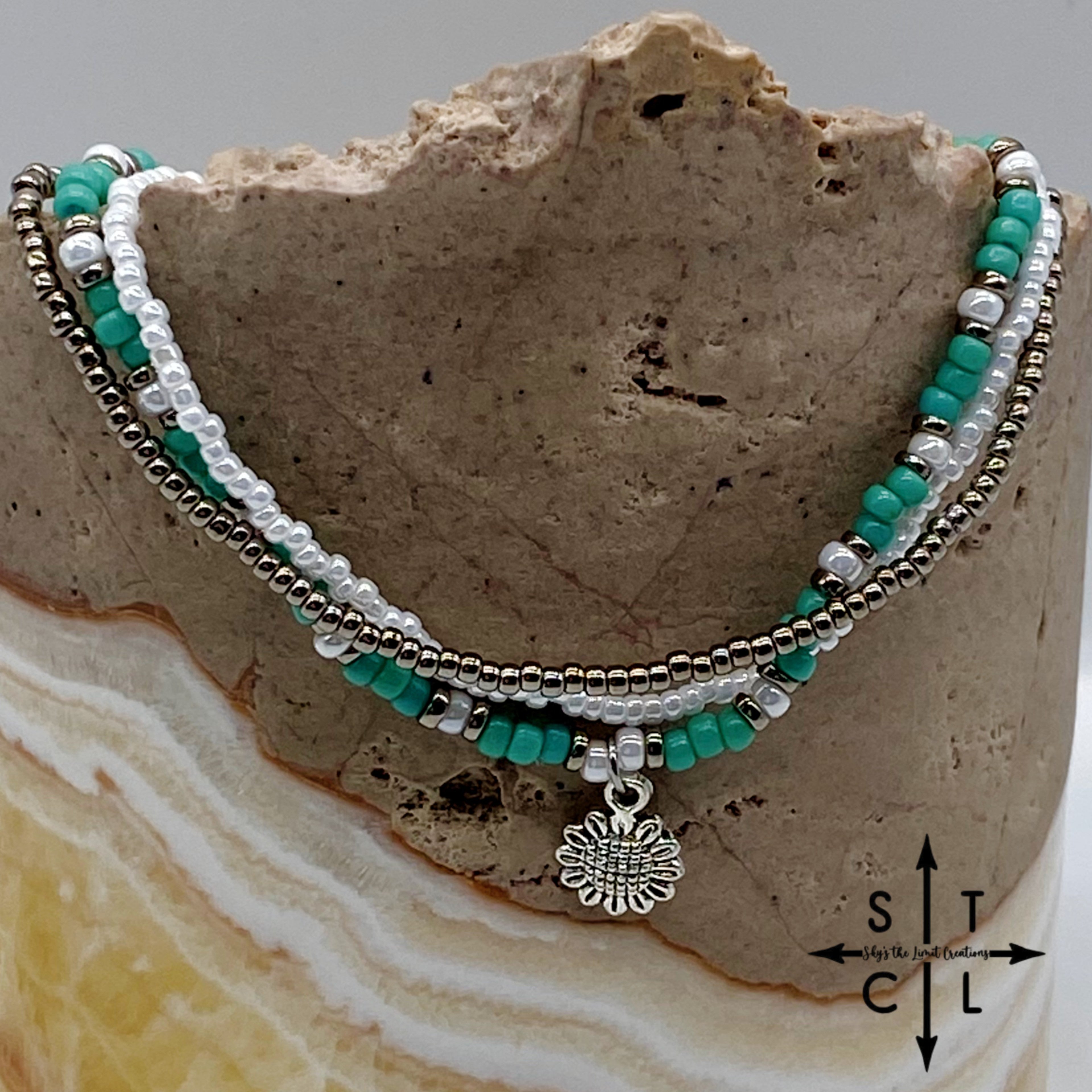 Turquoise White Gun Metal Silver Stretchy Anklet