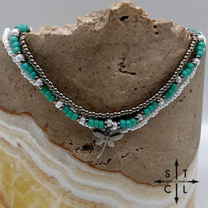 Turquoise White Gun Metal Silver Stretchy Anklet