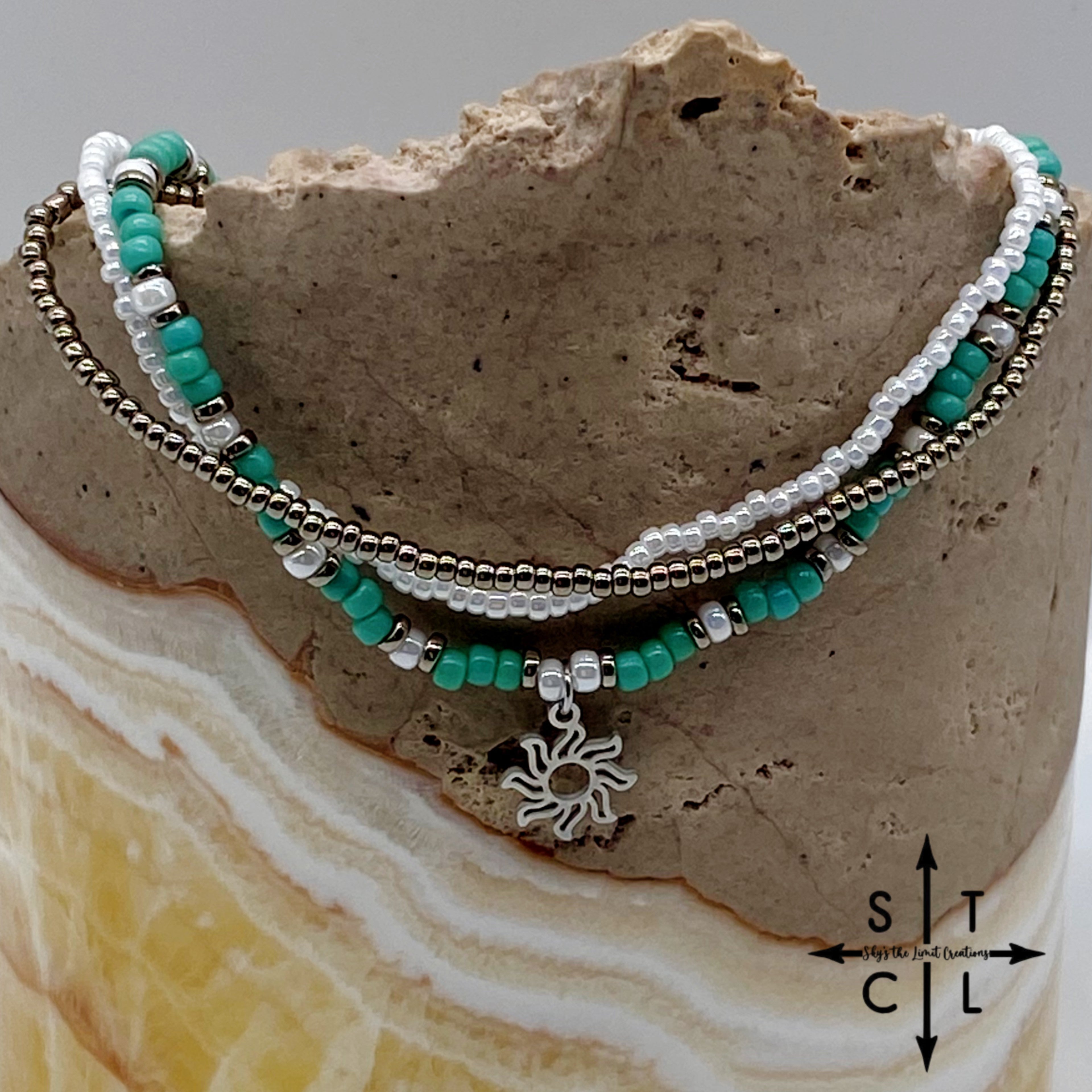 Turquoise White Gun Metal Silver Stretchy Anklet