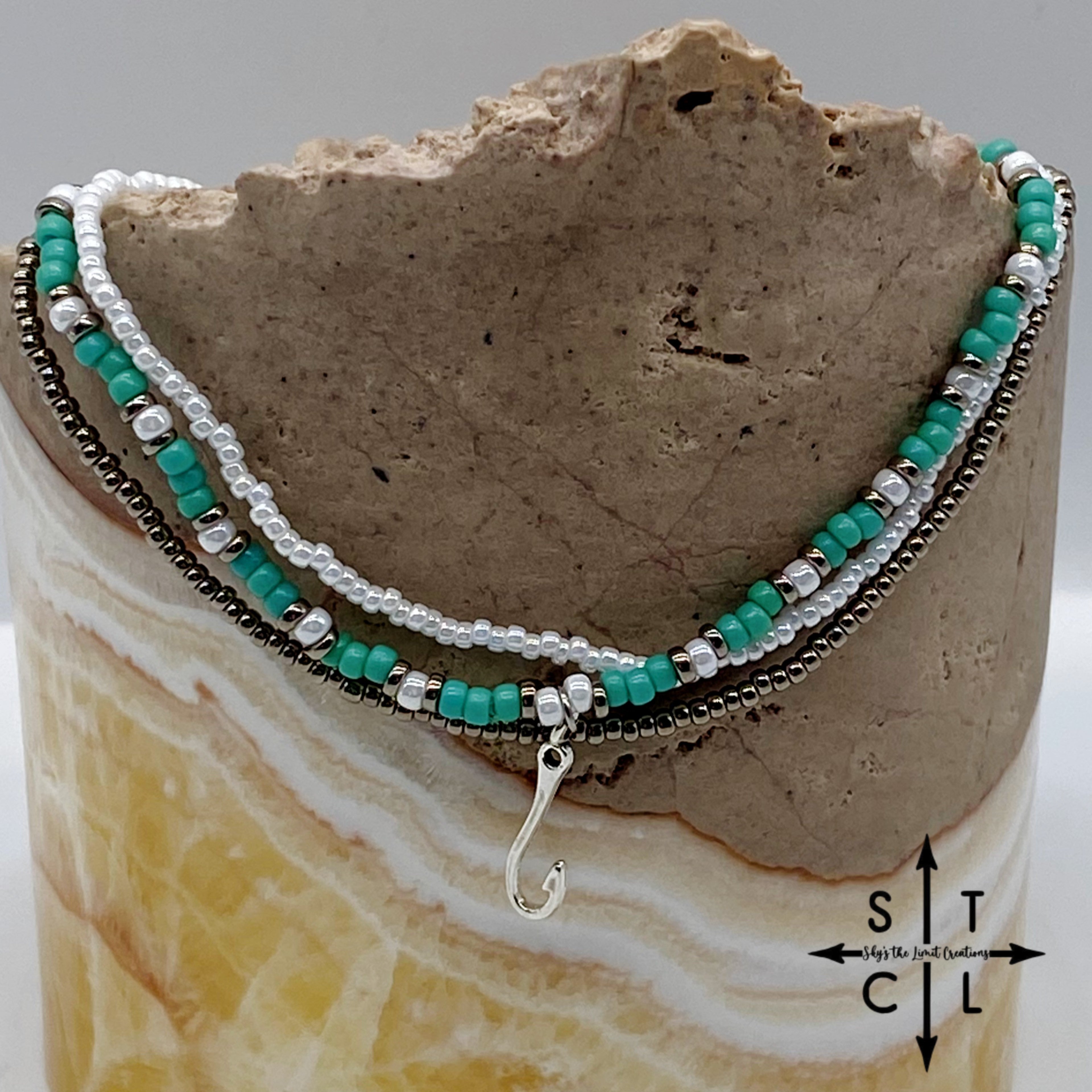Turquoise White Gun Metal Silver Stretchy Anklet