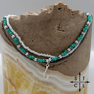 Turquoise White Gun Metal Silver Stretchy Anklet