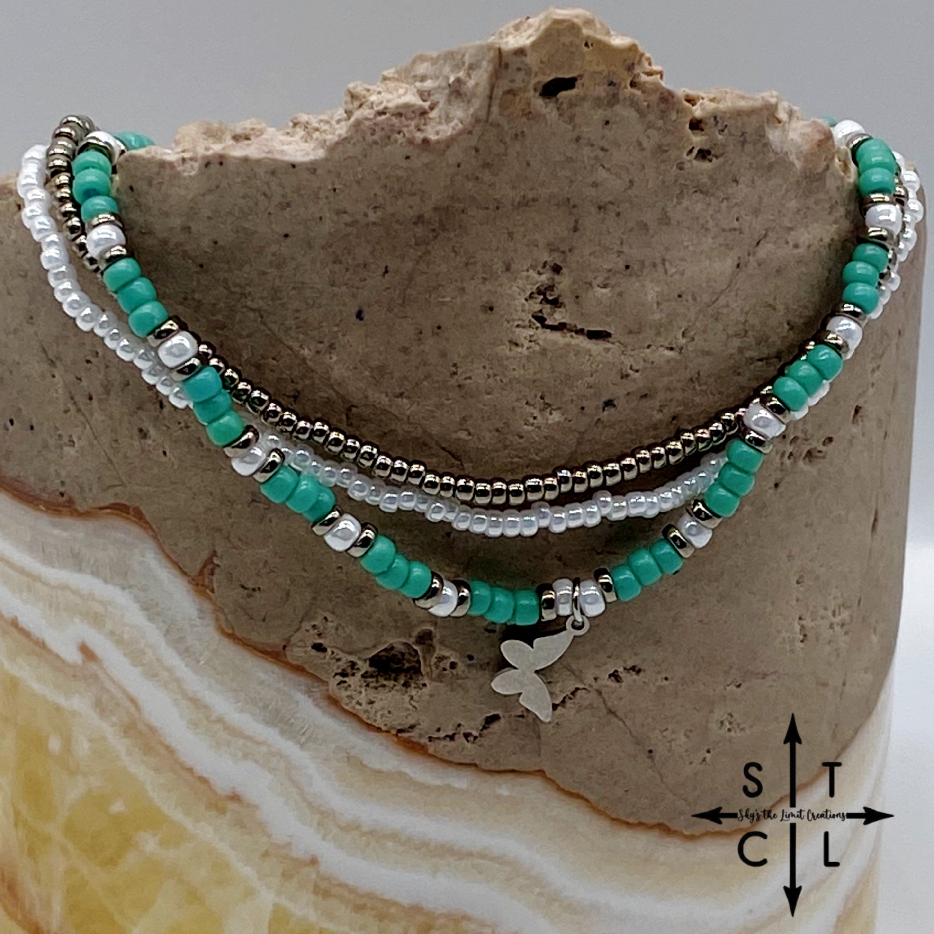 Turquoise White Gun Metal Silver Stretchy Anklet