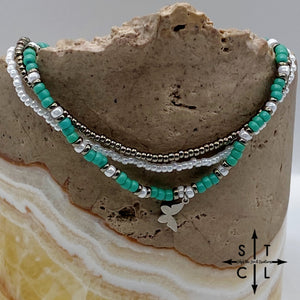 Turquoise White Gun Metal Silver Stretchy Anklet