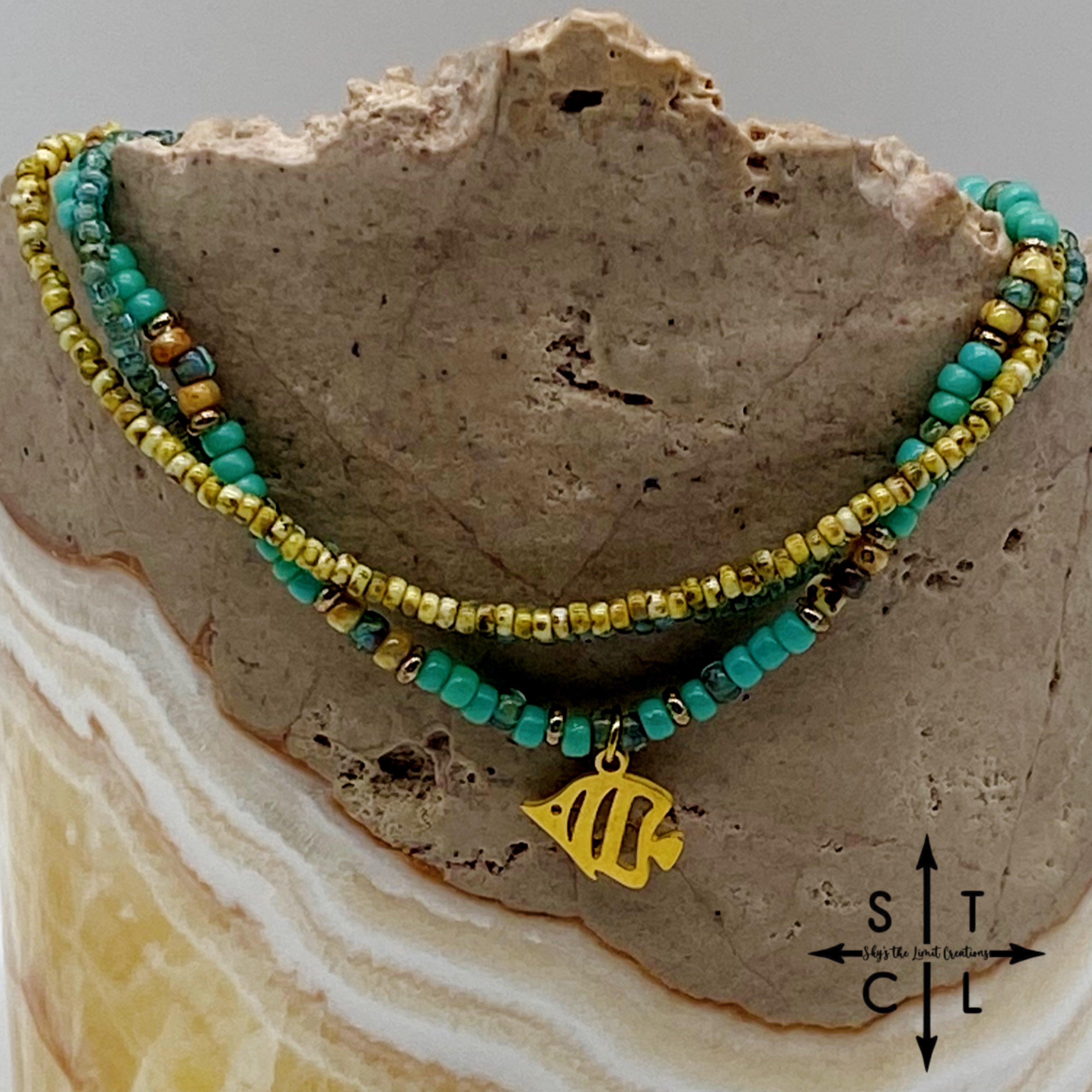 Turquoise Picasso Turquoise Bone Gold Stretchy Anklet