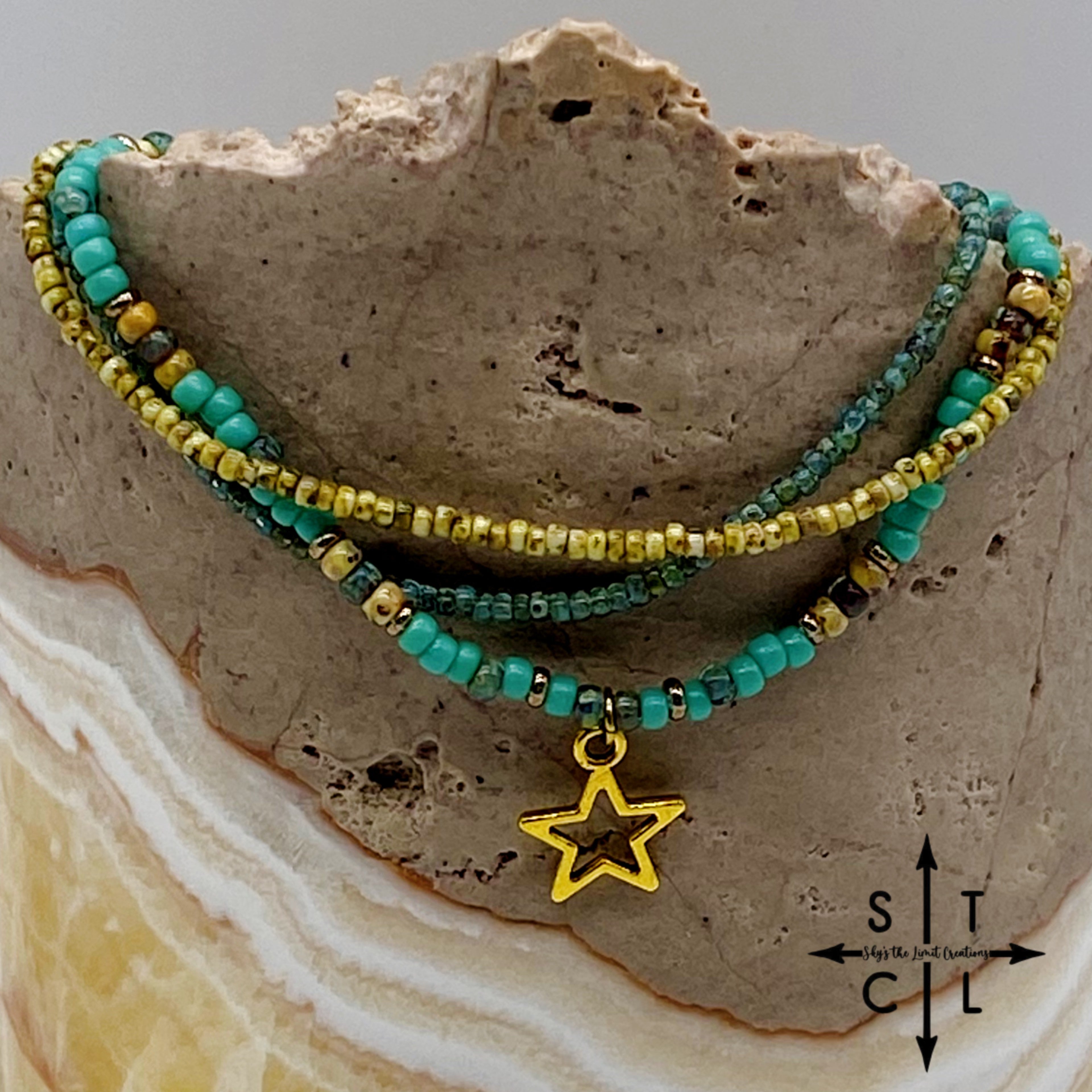 Turquoise Picasso Turquoise Bone Gold Stretchy Anklet