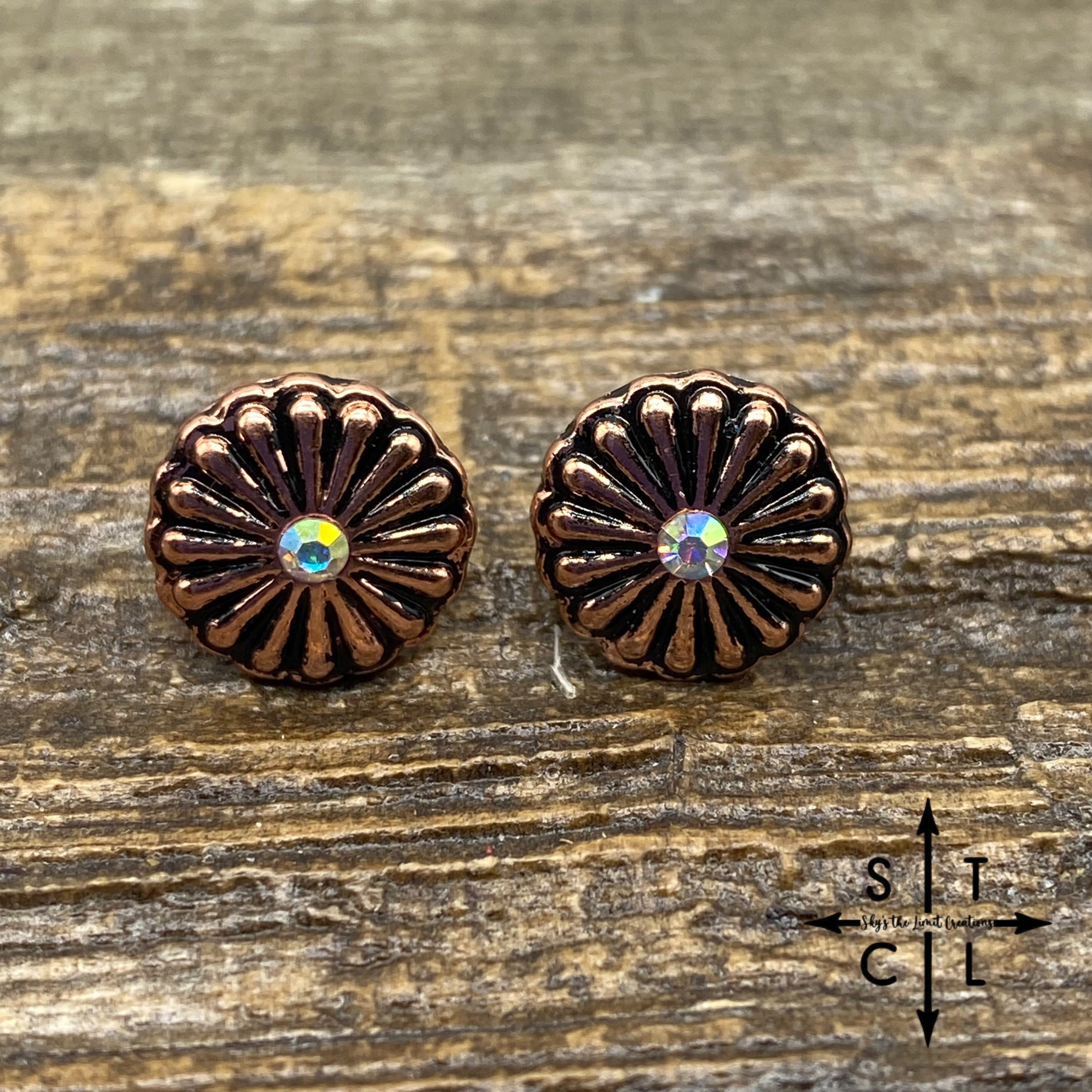 Round Copper Concho With Rhinestone Center Stud Earrings