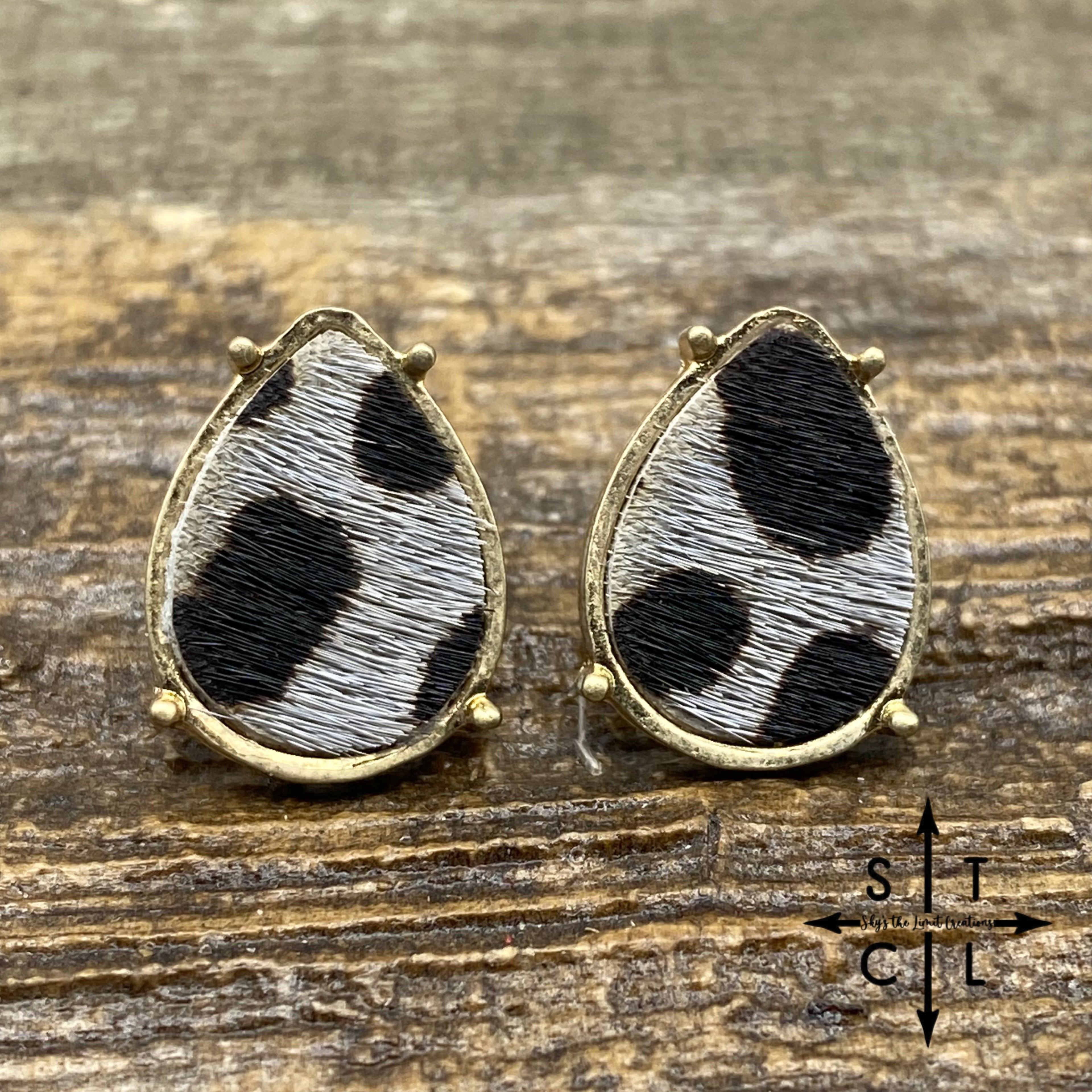 Black on Grey Teardrop Cowhide Stud Earrings