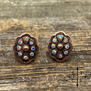 Oblong Copper Concho With Rhinestones Stud Earrings