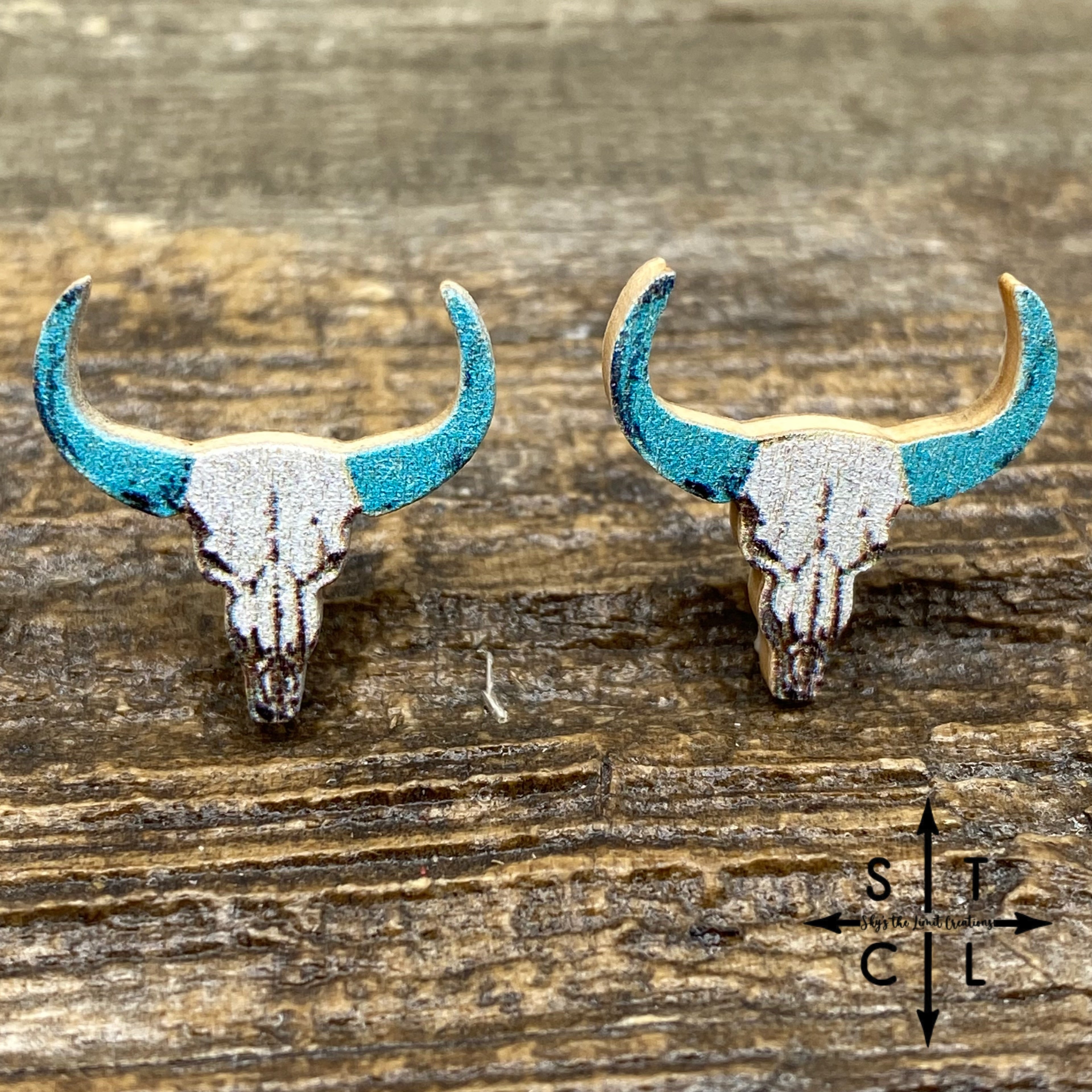 Wood Painted Cow Skull Stud Earrings