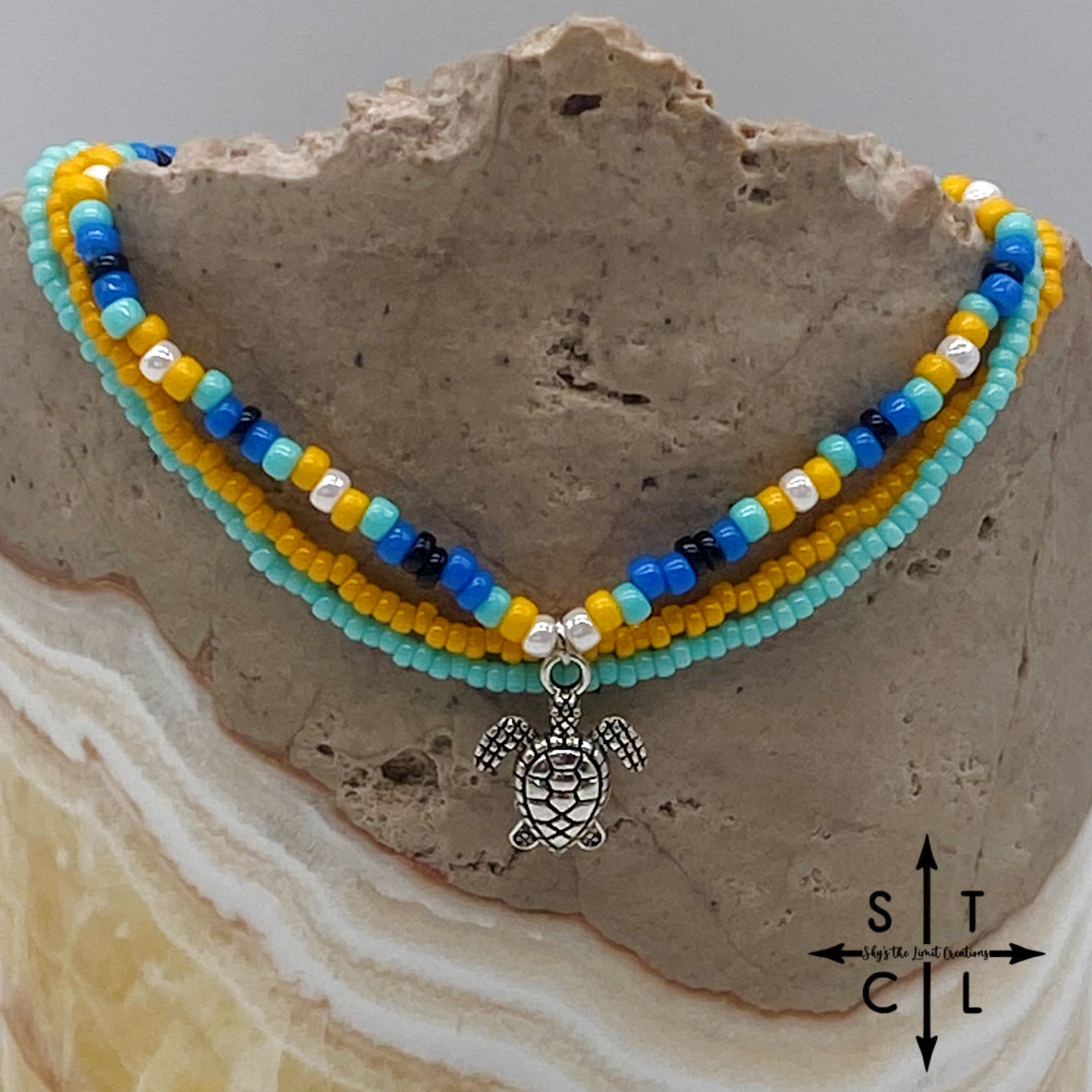 Blue Turquoise Yellow Black White Silver Stretchy Anklet
