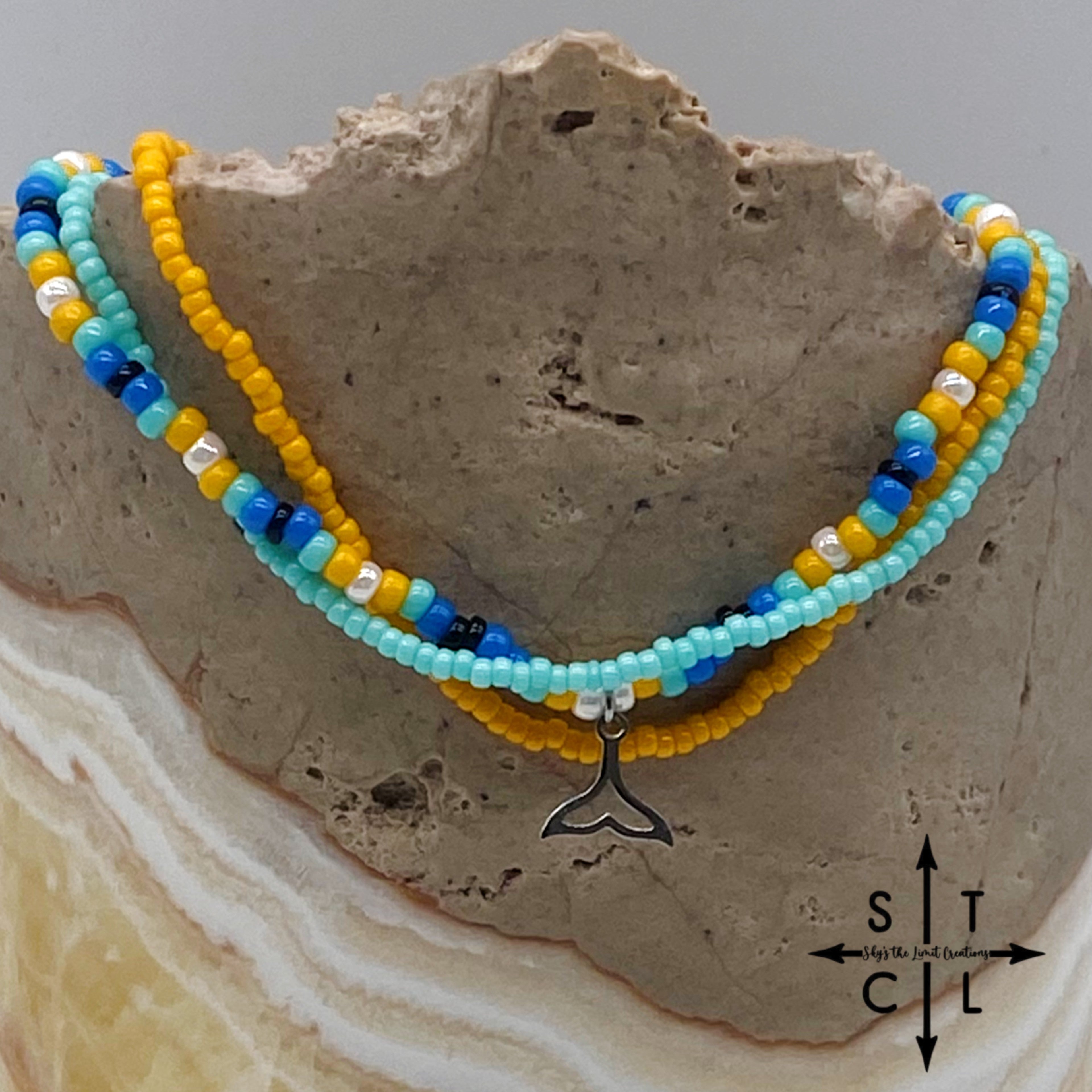 Blue Turquoise Yellow Black White Silver Stretchy Anklet