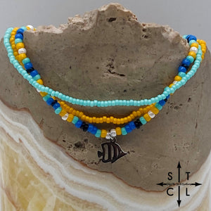 Blue Turquoise Yellow Black White Silver Stretchy Anklet