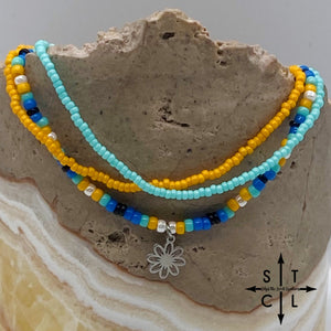 Blue Turquoise Yellow Black White Silver Stretchy Anklet