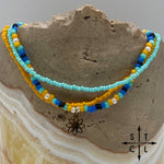 Load image into Gallery viewer, Blue Turquoise Yellow Black White Gold Stretchy Anklet
