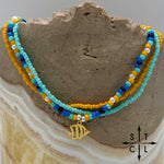 Load image into Gallery viewer, Blue Turquoise Yellow Black White Gold Stretchy Anklet
