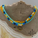 Load image into Gallery viewer, Blue Turquoise Yellow Black White Gold Stretchy Anklet
