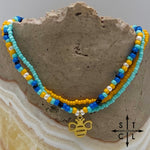 Load image into Gallery viewer, Blue Turquoise Yellow Black White Gold Stretchy Anklet
