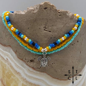 Blue Turquoise Yellow Black White Silver Stretchy Anklet