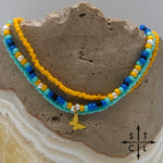 Load image into Gallery viewer, Blue Turquoise Yellow Black White Gold Stretchy Anklet
