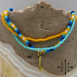 Load image into Gallery viewer, Blue Turquoise Yellow Black White Gold Stretchy Anklet
