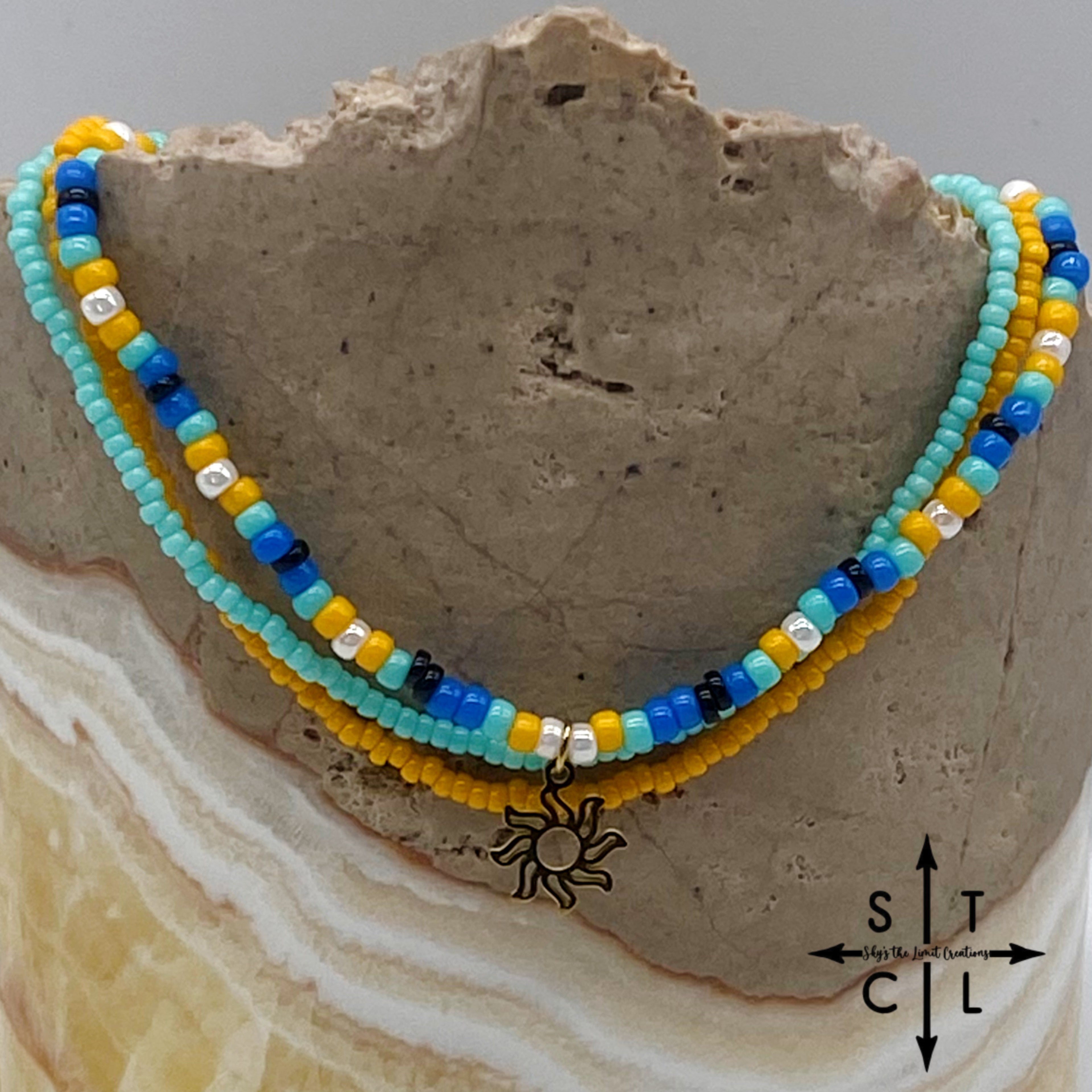 Blue Turquoise Yellow Black White Gold Stretchy Anklet