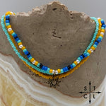 Load image into Gallery viewer, Blue Turquoise Yellow Black White Gold Stretchy Anklet
