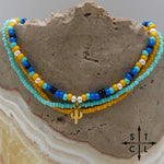 Load image into Gallery viewer, Blue Turquoise Yellow Black White Gold Stretchy Anklet
