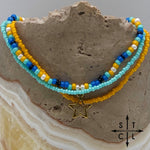 Load image into Gallery viewer, Blue Turquoise Yellow Black White Gold Stretchy Anklet
