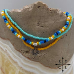 Load image into Gallery viewer, Blue Turquoise Yellow Black White Silver Stretchy Anklet
