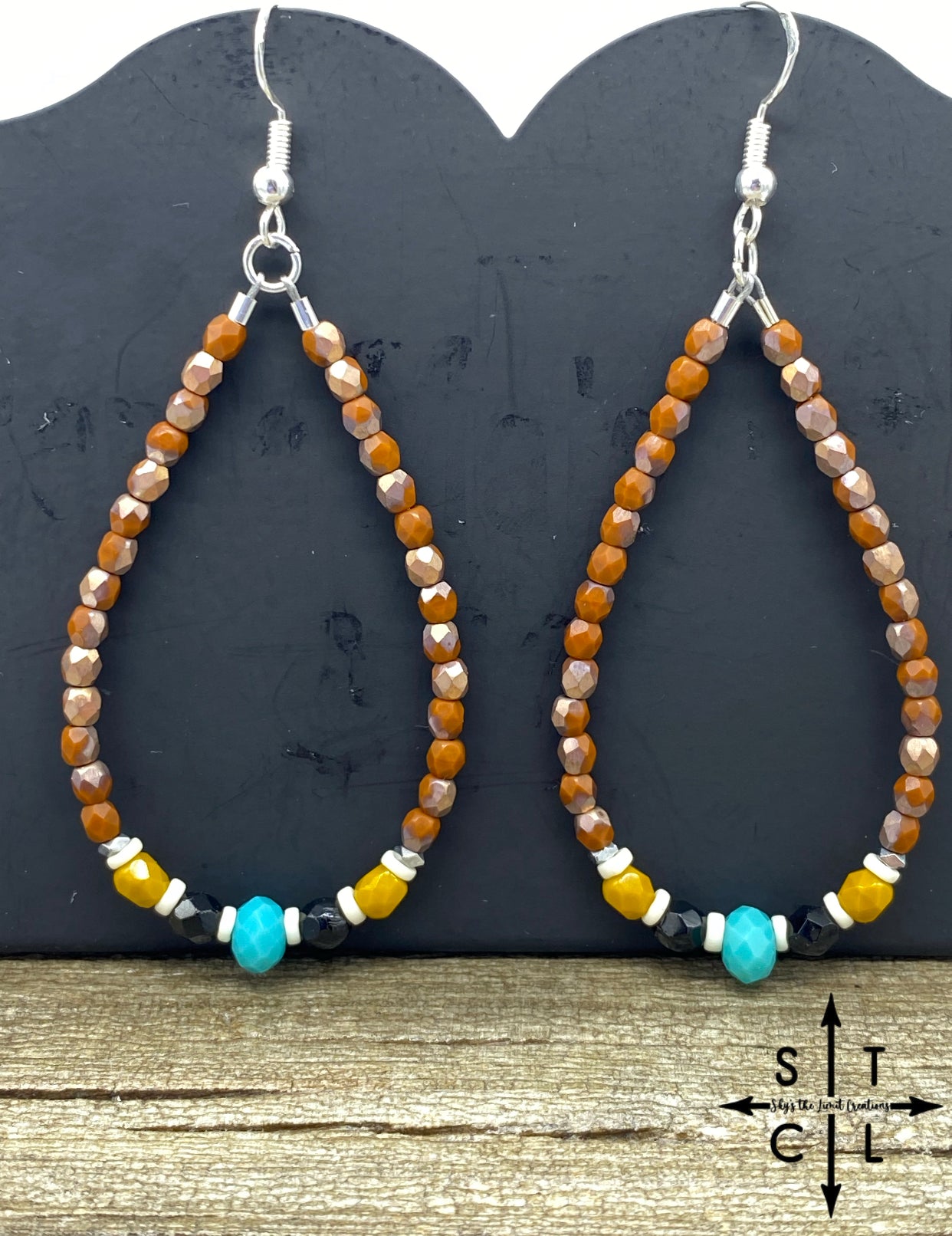 Crystal Teardrop Burnt Orange Turquoise Mustard Earrings