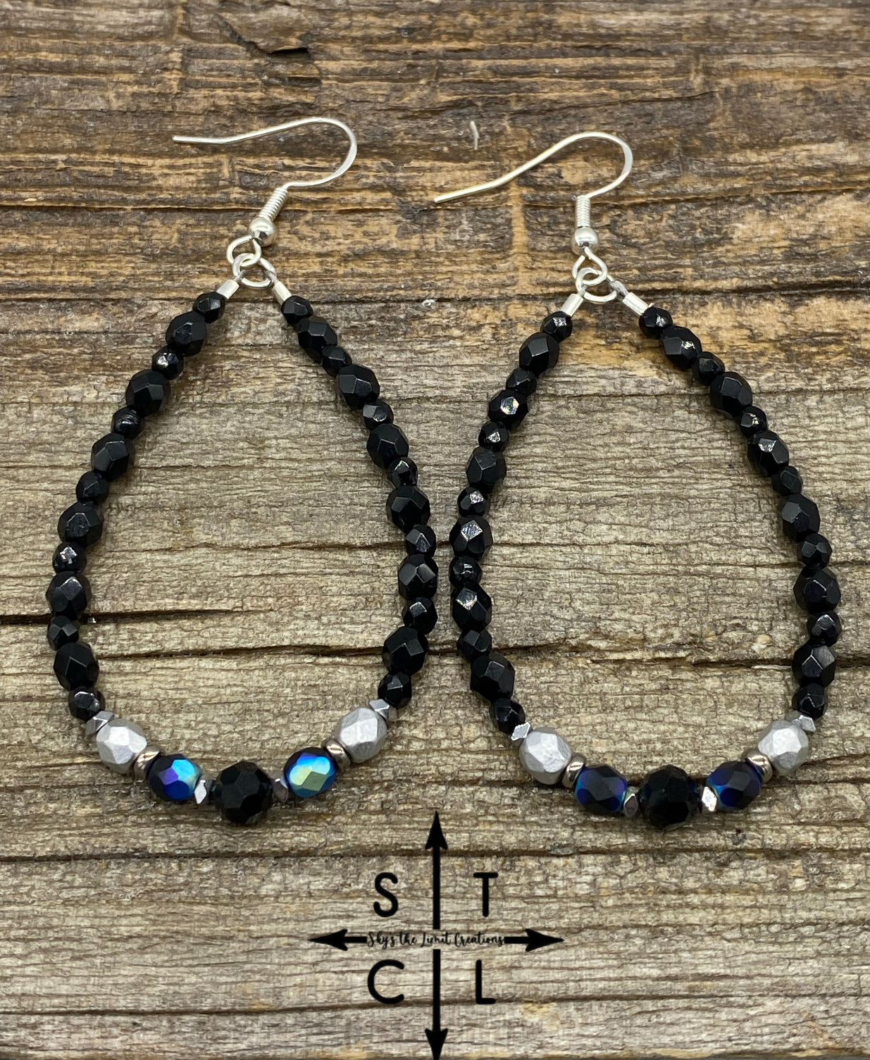 Crystal Teardrop Black Silver Peacock Earrings