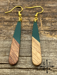 Green Resin Wood Tear Drop Gold Earrings