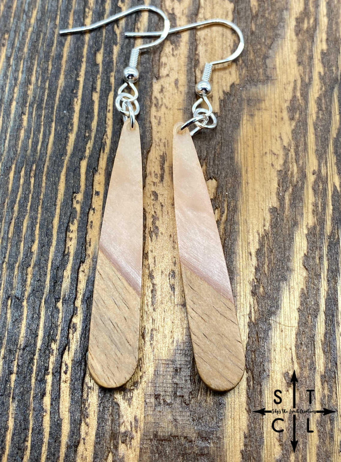 Nude Matte Resin Wood Tear Drop Silver Earrings