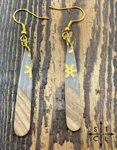 Gold Snowflake Resin Wood Tear Drop Gold Earrings