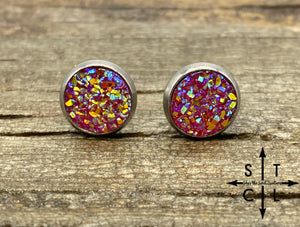 Magenta 8mm Druzy Studs